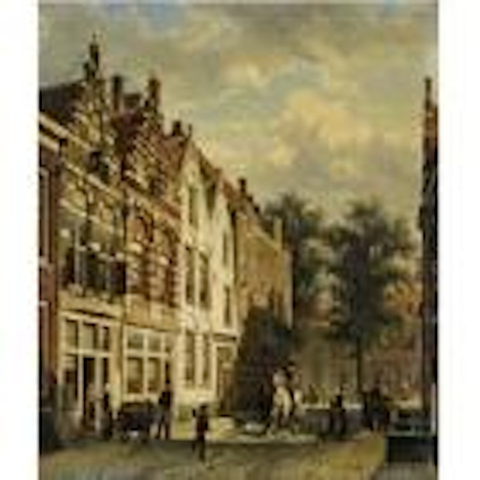 Figures in the sunlit streets of a Dutch town by Cornelis Springer