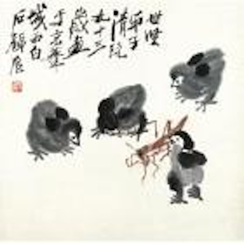 Chicks playing with a grasshopper by Qi Baishi