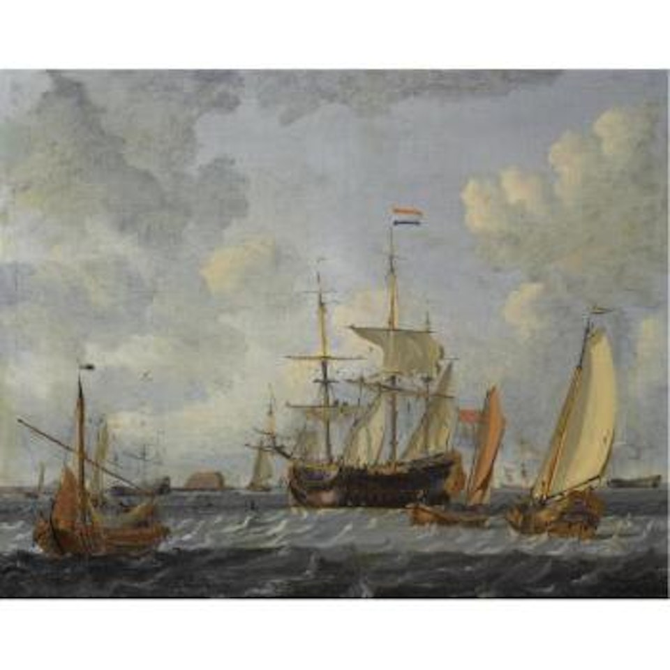 Dutch merchant ship and other ships in choppy waters by Abraham Storck