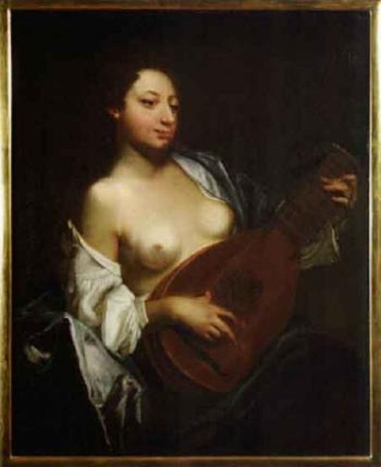 Woman playing lute by Dutch School