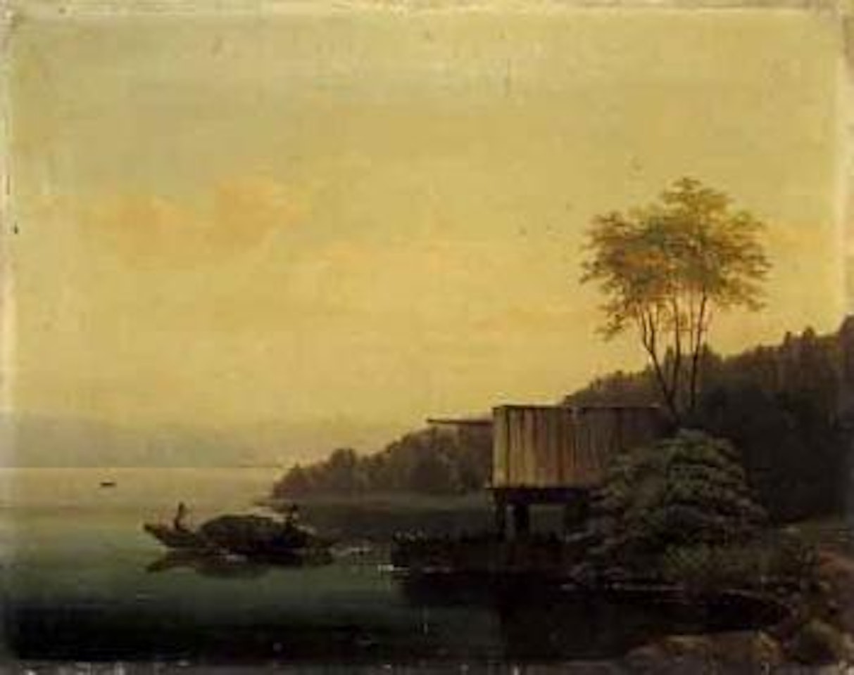 Rowing boat loaded with hay in evening by Anton Doll