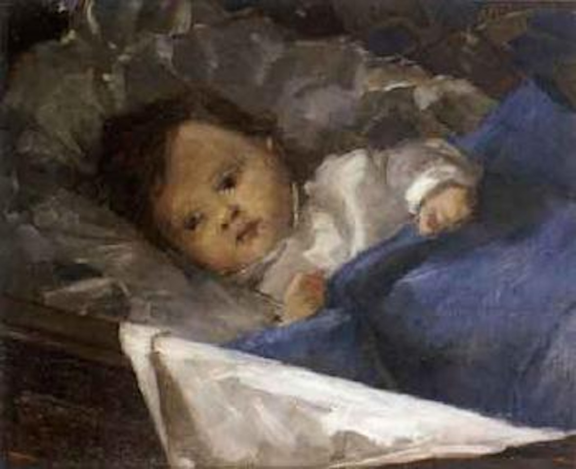 Portrait of small child in bed by Broncia Koller-Pinell
