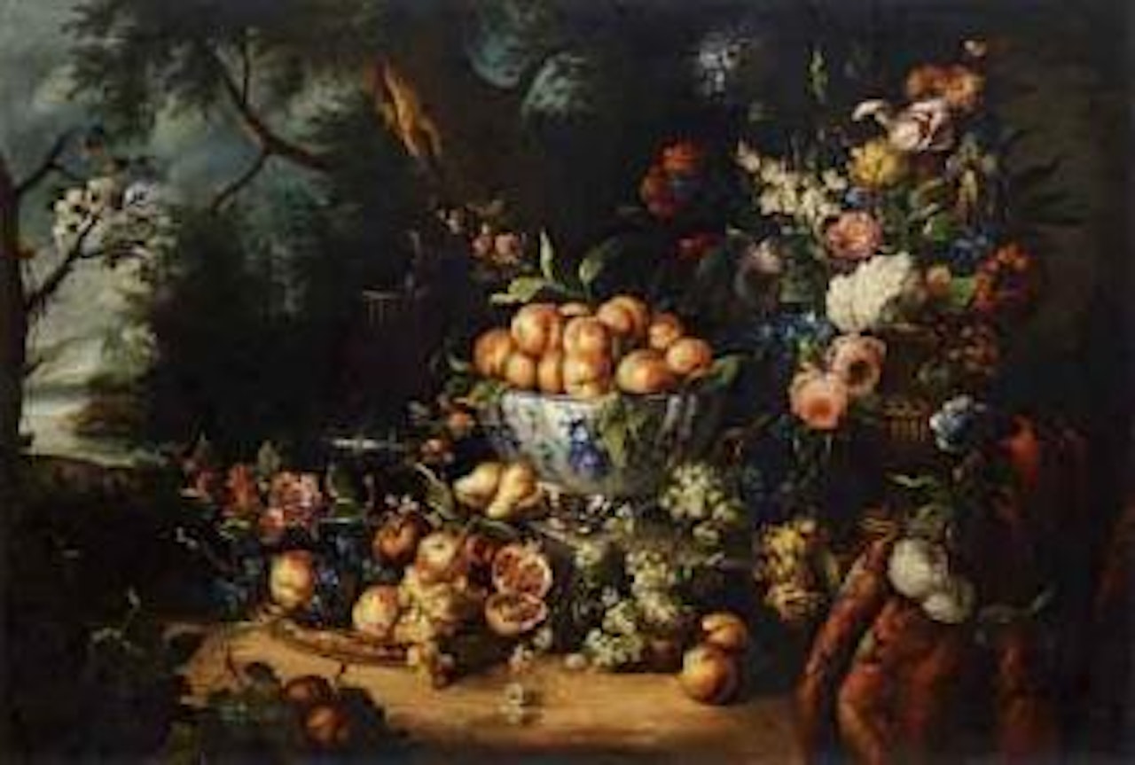 Still life with fruit and flowers outdoors by Italian School