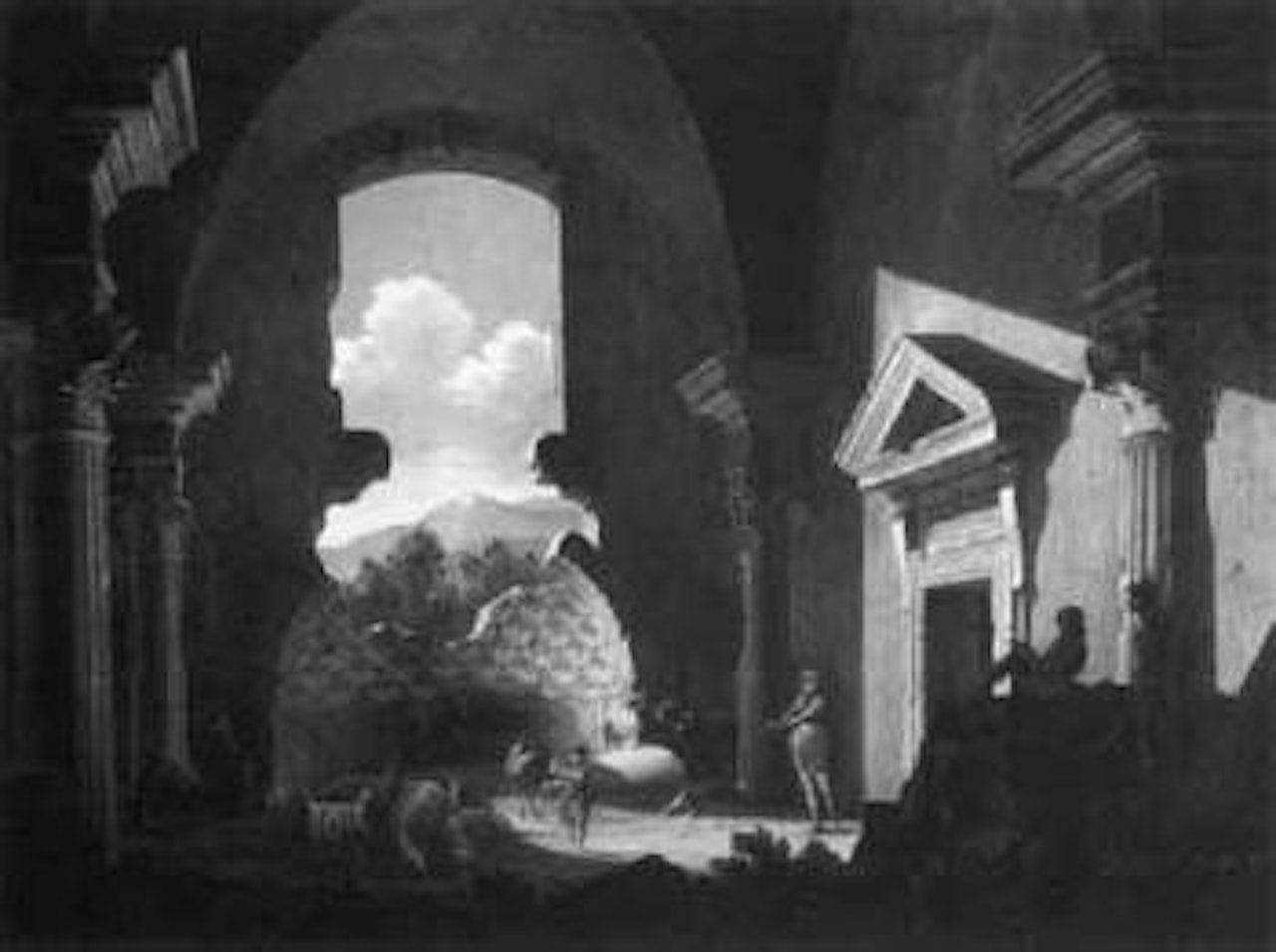 Figures amidst classical ruins by Italian School