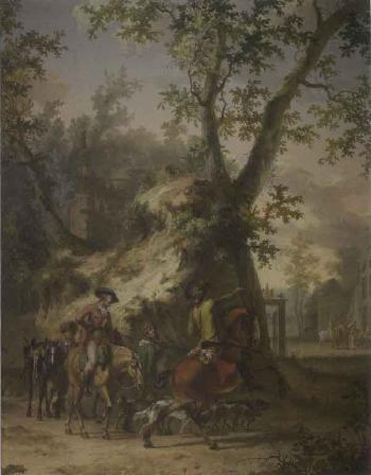 Hunting party approaching an inn by Gerrit Malleyn