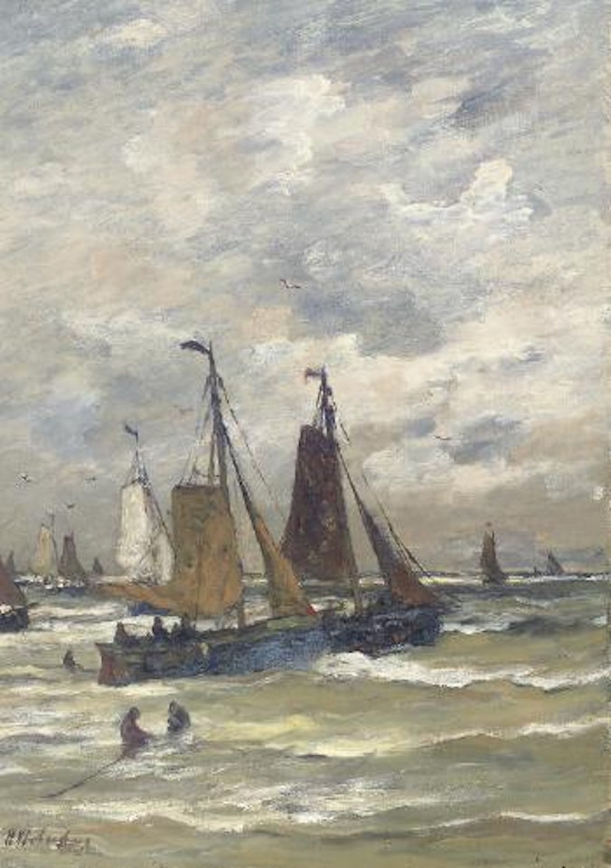 'Bomschuiten' in the surf by Hendrik-Willem Mesdag