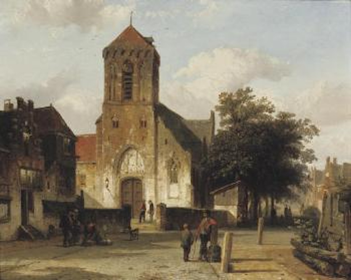 Stadsgezicht met bidkapel: villagers conversing in a sunlit street by Cornelis Springer