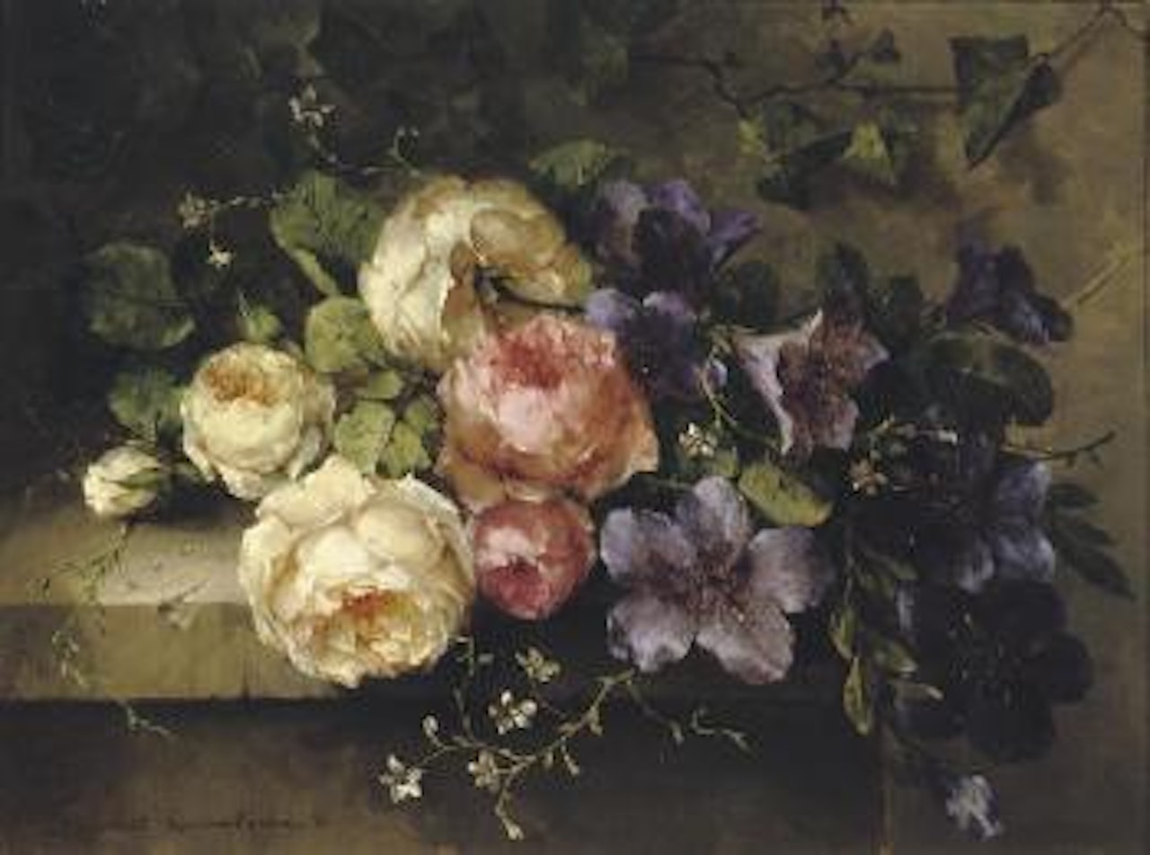 Bouquet de roses et de mauves sur une tablette: a mixed bouquet on a ledge by Margaretha Roosenboom