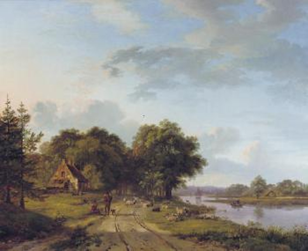 Shepherds with their flock along a calm sunlit river by Barend Cornelis Koekkoek