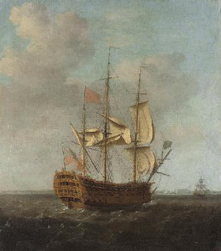 An English First Rate of the Red Squadron making sail out of Spithead by Francis Swaine