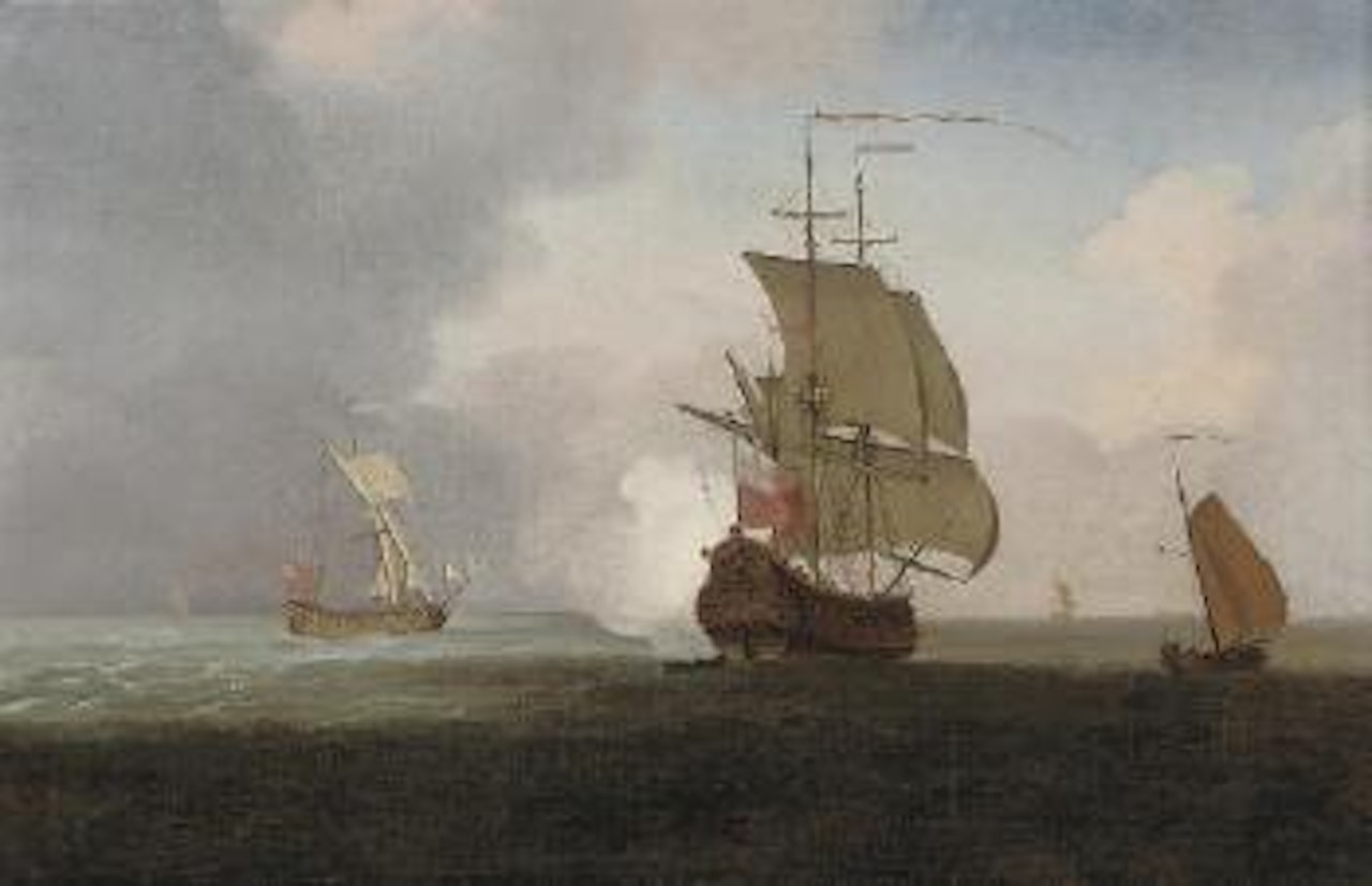 A two-decker announcing her arrival at the anchorage, with an Admiralty yacht running out to meet her by Peter Monamy