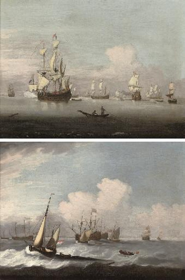 A flagship announcing her arrival at the anchorage. Impending bad weather at a fleet anchorage by Peter Monamy