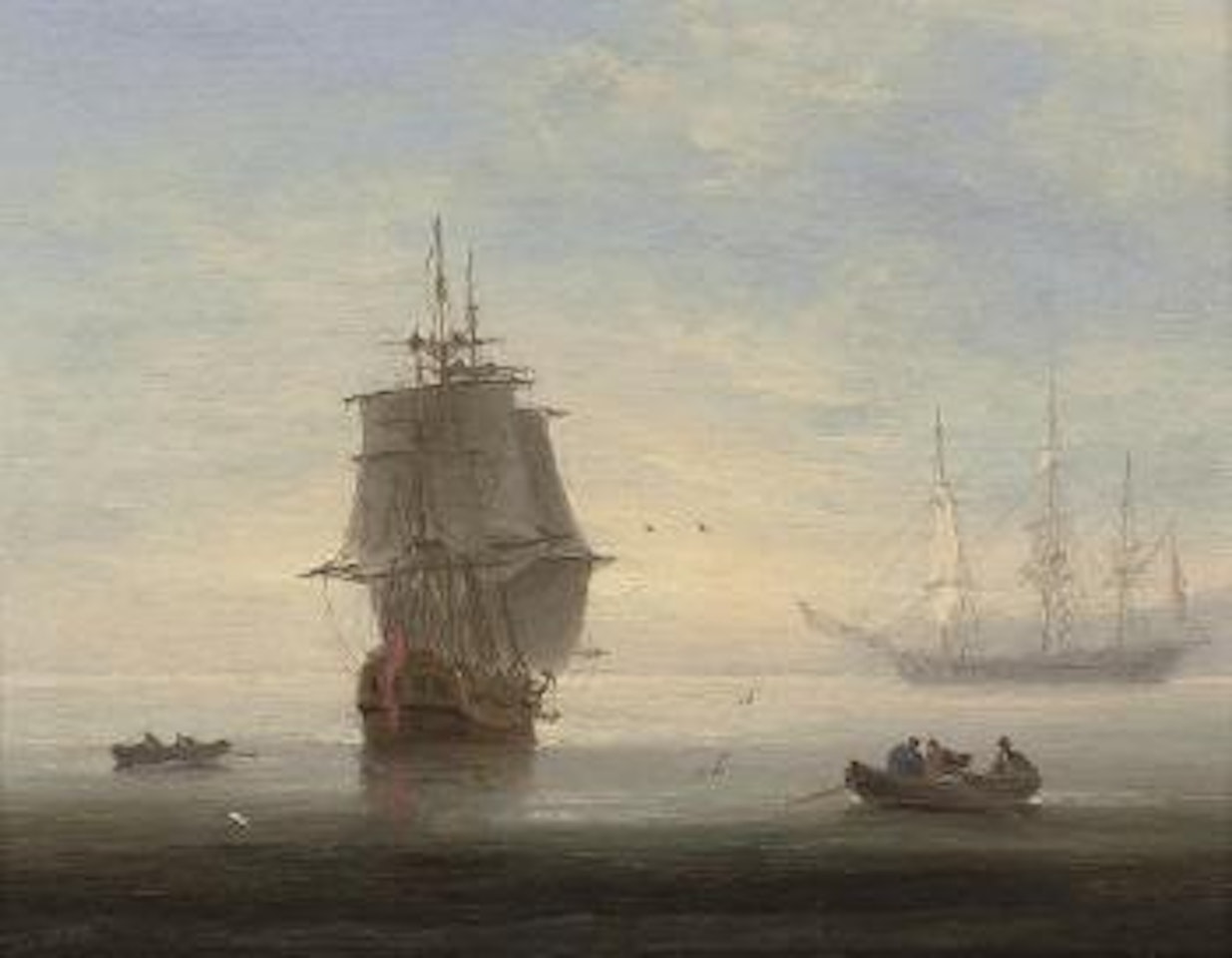 Frigates in an early morning calm, one making ready to put to sea by Thomas Luny