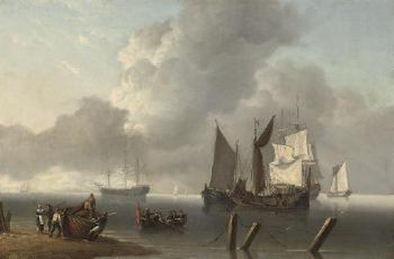 Warships lying offshore, the commanding Admiral being rowed out to join the flagship, her sails illuminated by a break in the clouds by Charles Martin Powell