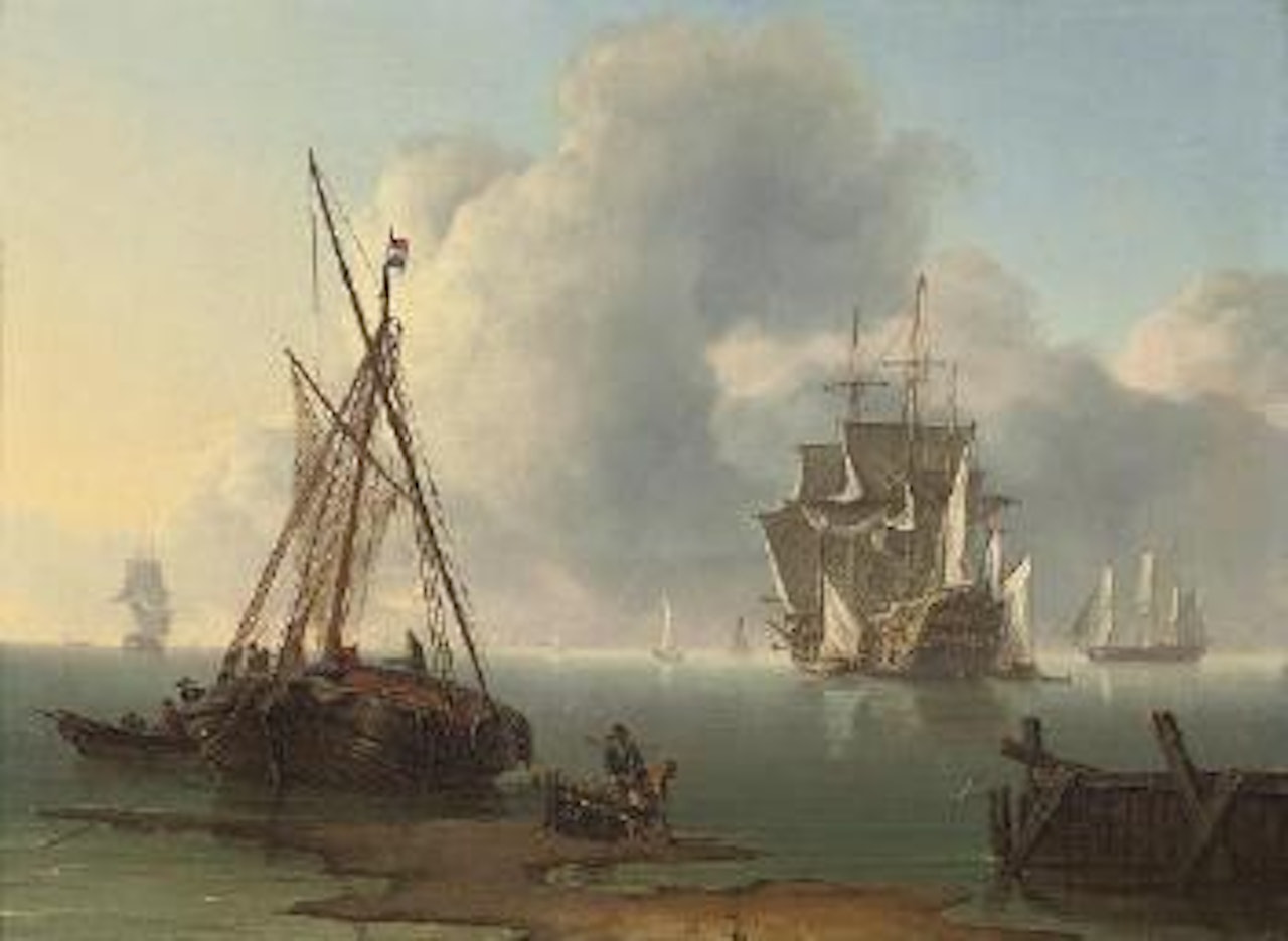 A Dutch warship revictualling in a calm off the coast of the Netherlands by Charles Martin Powell