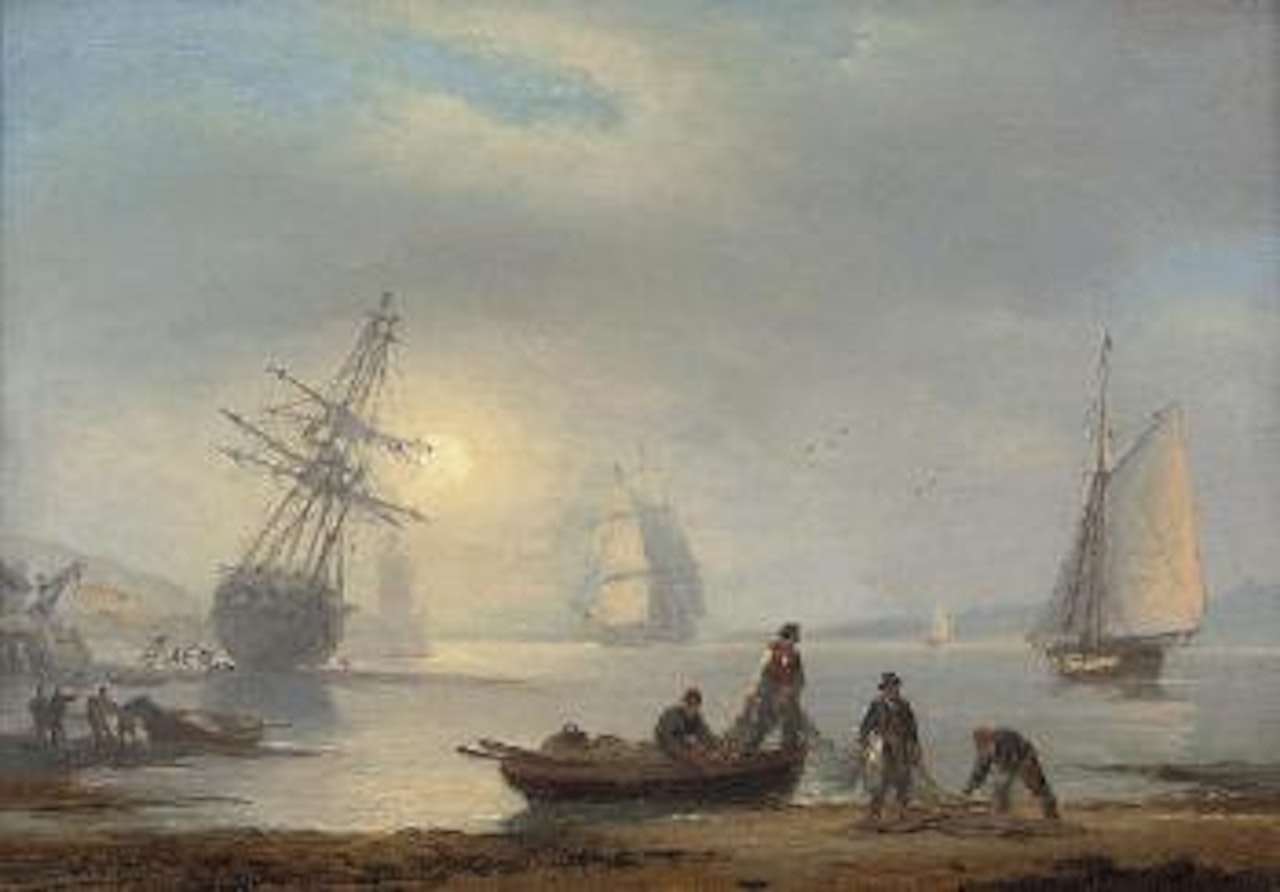 Fishermen sorting their nets on the foreshore at Teignmouth, at dusk by Thomas Luny