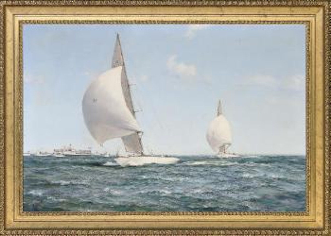 The 1970 America's Cup Series: A downwind leg, Intrepid leading Gretel (II) by Montague Dawson