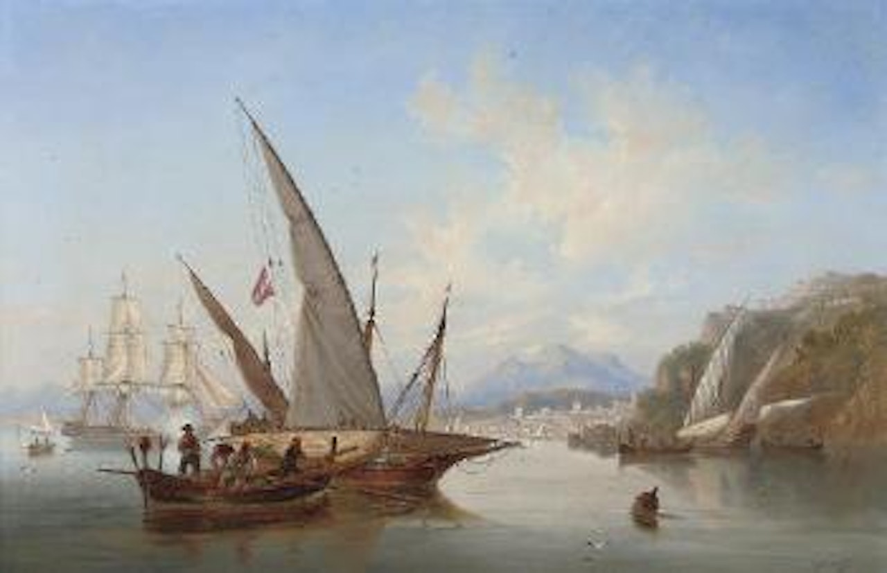 Local craft and a saluting frigate in the bay off Rethymnon, Crete, with the port's citadel rising to the right and Mount Ida in the distance beyond by John Wilson Carmichael