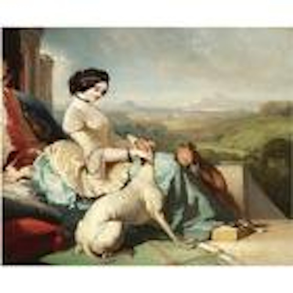 Chatelaine assise avec les levriers sur la terasse d'un chateau en Ecosse by Alfred de Dreux