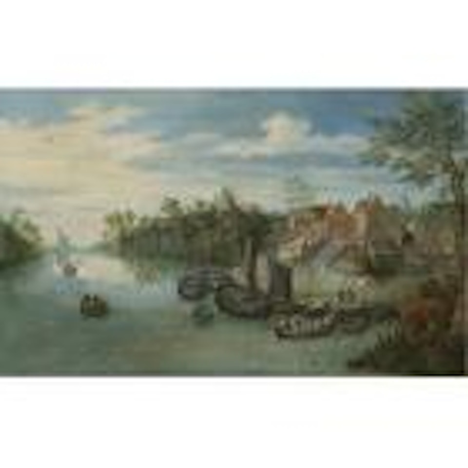 A river landscape with boats moored by a village by Jan Brueghel the Younger