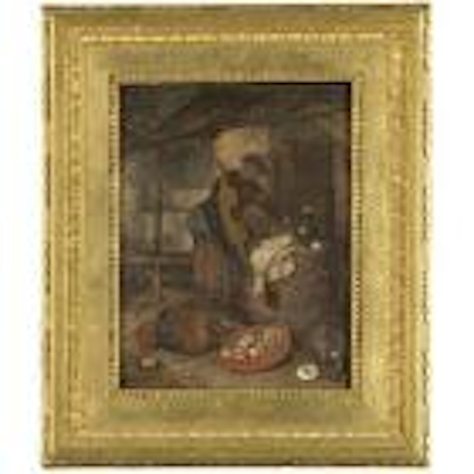 A maid in a hofje with a still life of vegetable and domestic utensils by Adriaen van Ostade