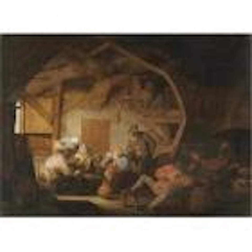 The interior of a barn with peasants playing cards around a stool by Adriaen van Ostade