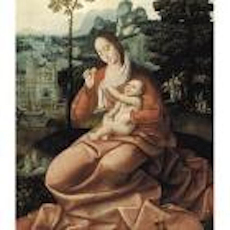 The Rest on the Flight into Egypt, with Joseph watering the donkey and angels gathering fruit beyond by Master of the Holy Blood