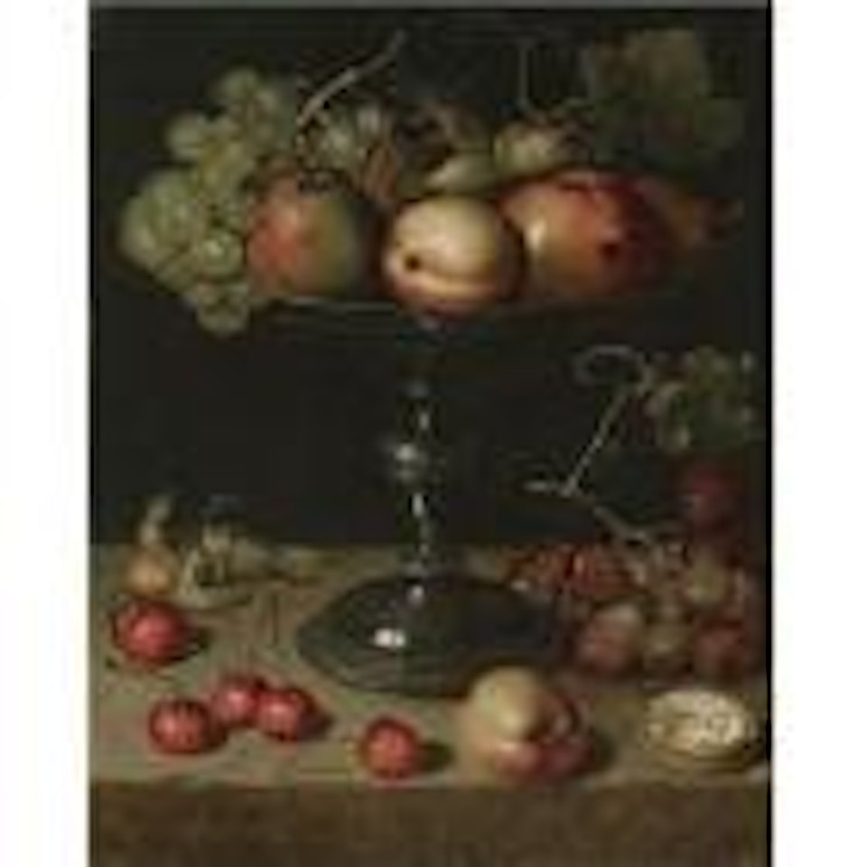 Still life with pears, an apple, an apricot, almonds and walnuts on a tazza with grapes, a walnut, an apricot, cherries, and almonds on a stone ledge by Clara Peeters