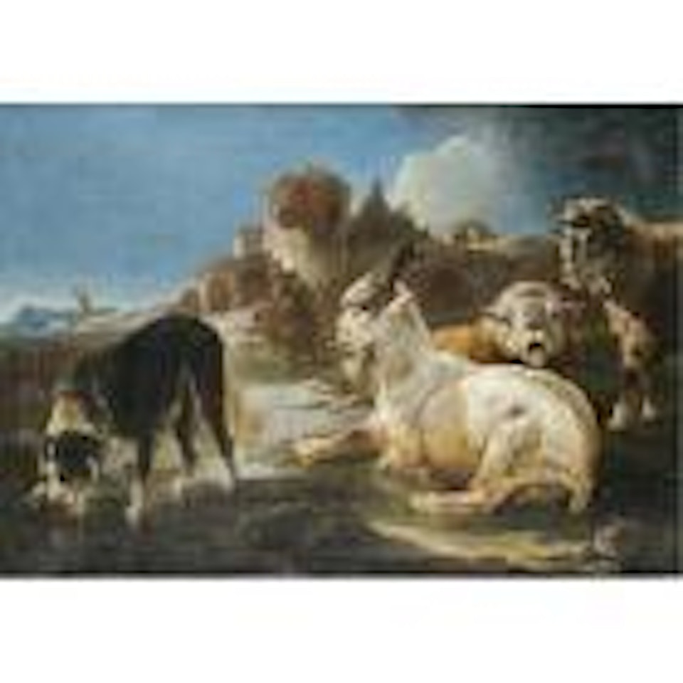 Two sheep and a goat, with a dog drinking from a pool before a ruin by Philipp Peter Roos