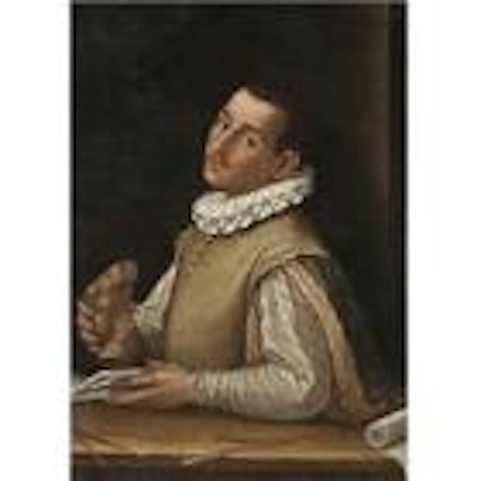 Portrait of a sculptor, traditionally thought to be Jacopo Sansovino, hf and leaning on a parapet, holding a sculpted torso in his right hand by Venetian School