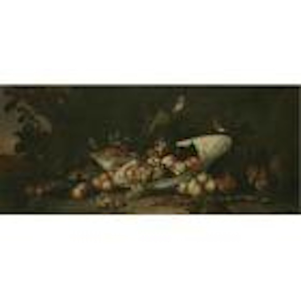 A still life of fruit including, peaches and an orange in a tilted porcelain dish, with redcurrants, figs, an open pomegranate, raspberries and other fruit, together with a red squirrel eating by Pseudo Simons