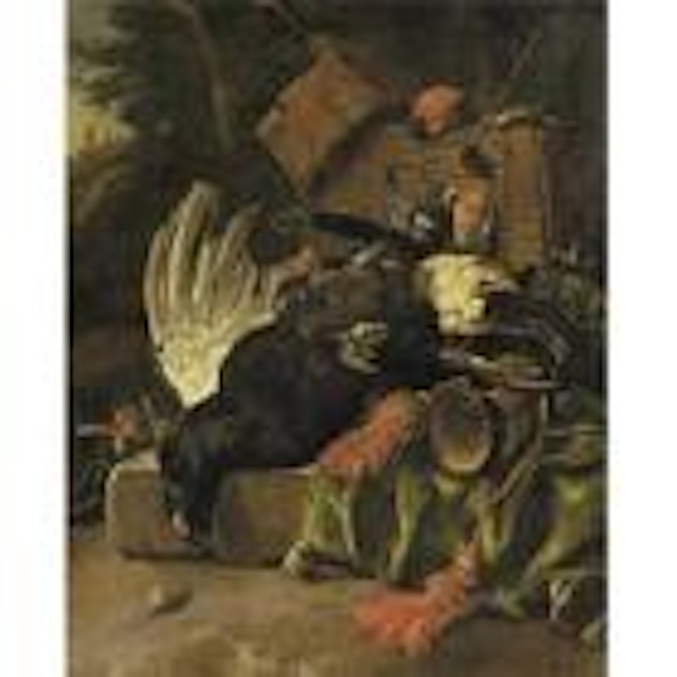 Still life with dead game and hunting equipment on a stone slab by Melchior de Hondecoeter