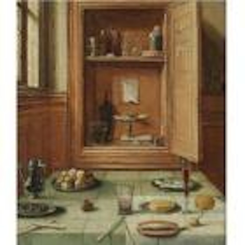 A still life of olives and apples on pewter plates, a pewter jug, a pomegranate, a knife and glass, herring on a stoneware plate, a bread roll and onion on a draped table in front of an open cupboard by Hendrik van Steenwyck the Younger