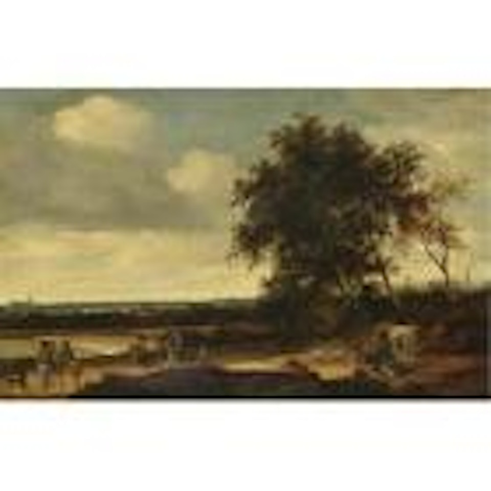 A landscape with cavaliers in the foreground a church beyond by Jacob Salomonsz. van Ruysdael