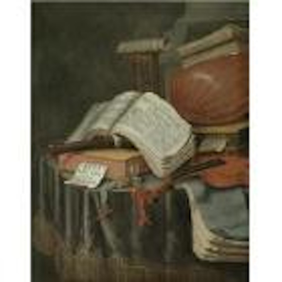 A vanitas still life books and manuscripts, a recorder, a lute, a violin, an hourglass a compass, all on a draped table by Edwaert Collier