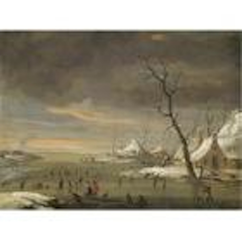 An extensive winter landscape with skaters on a frozen river by Jan Abrahamsz. Beerstraten