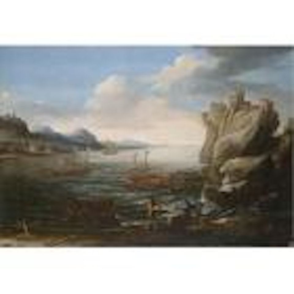 A Mediterranean coastal scene with figures on the shore in the foreground by Roman School