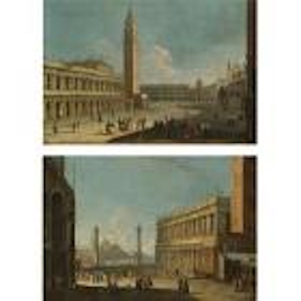 Venice, view of the Piazzetta looking north towards Piazza San Marco.  Venice, view of the Piazzetta from Basilica di San Marco looking south towards the Church of San Giorgio Maggiore by Apollonio Domenichini