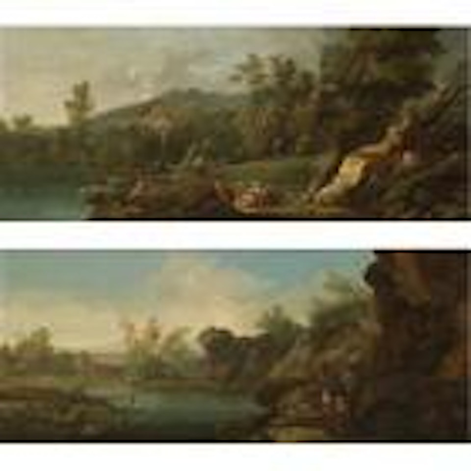 A river landscape with figures resting on rocks in the foreground. A river landscape travelers resting on rocks in the foreground, a town beyond by Roman School