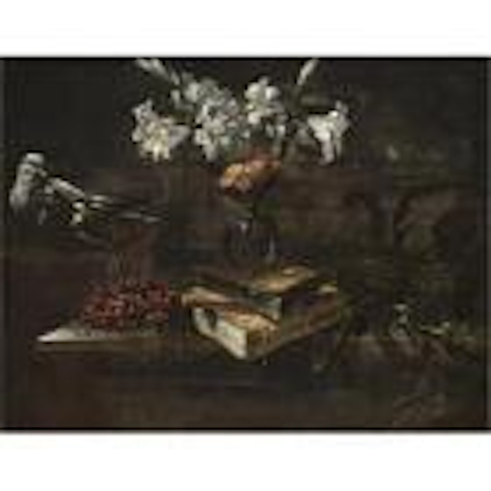 Still life with a vase of lilies in a glass vase resting on a pile of books, a bunch of wild strawberries and some asparagus, all arranged on a wooden table top by Roman School