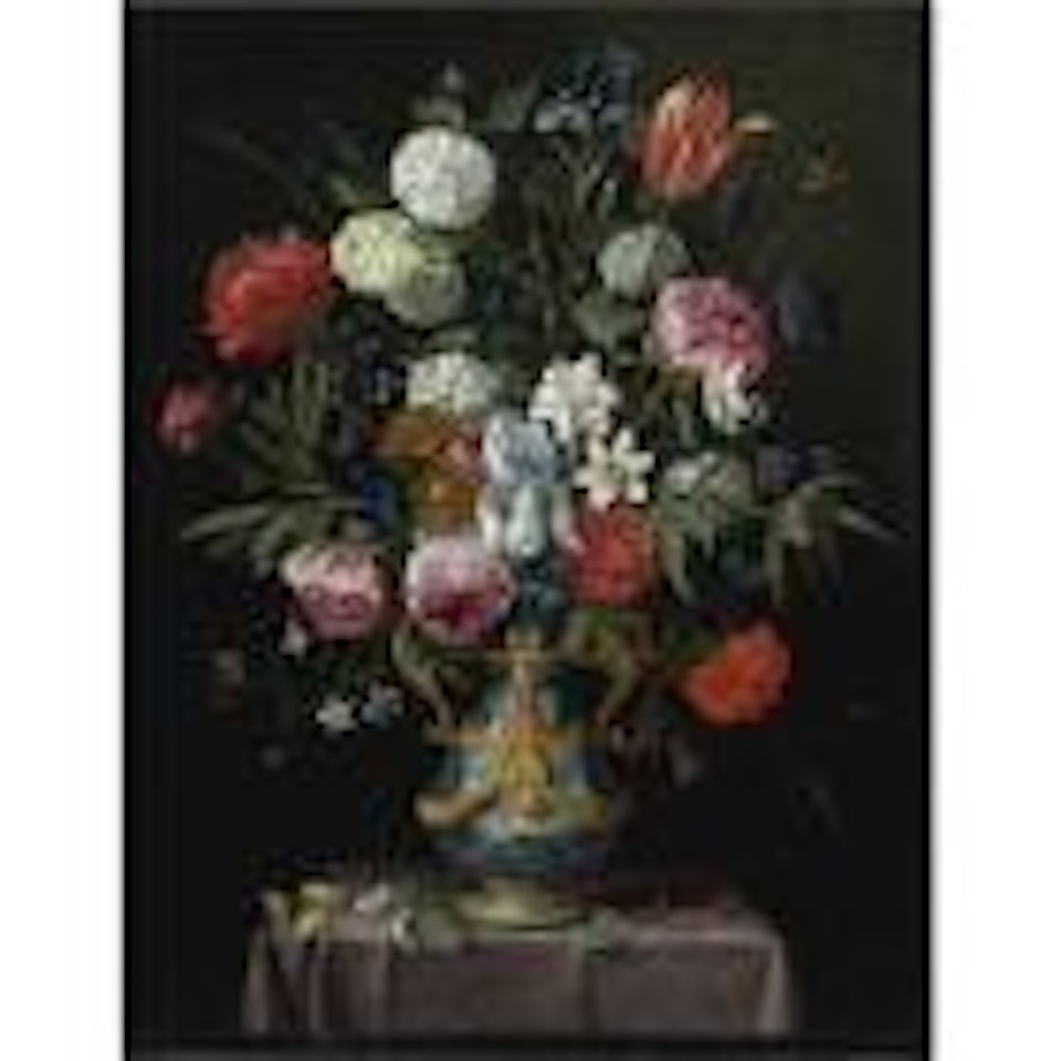 Still life of irises, peonies, narcissi, a tulip and other flowers in a blue-and-white porcelain vase with ormolu mounts on a draped pedestal by Jan Van Kessel The Elder