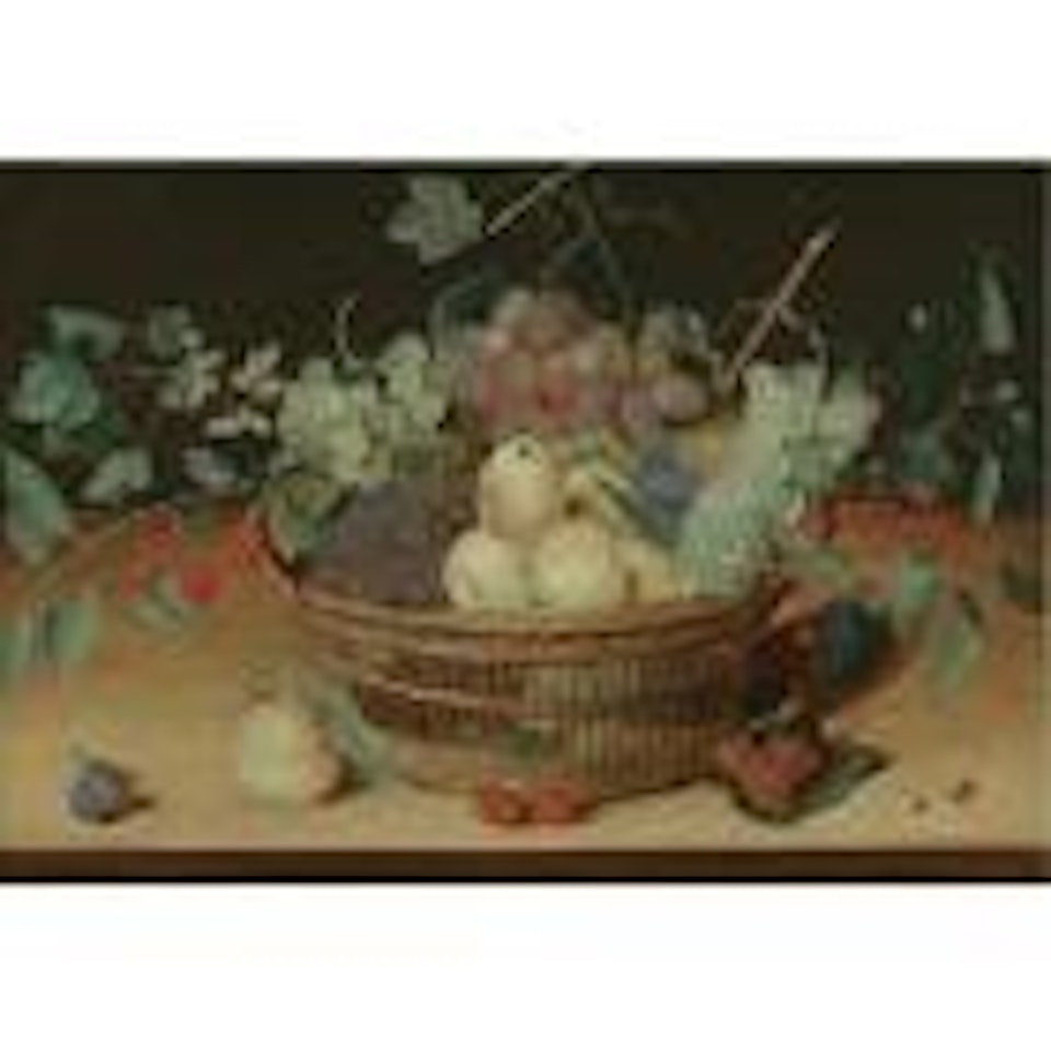 Still life with peaches, grapes, whitecurrants, redcurrants, cherries and plums in a wicker basket, raspberries and other fruit on the wooden ledge below by Isaak Soreau