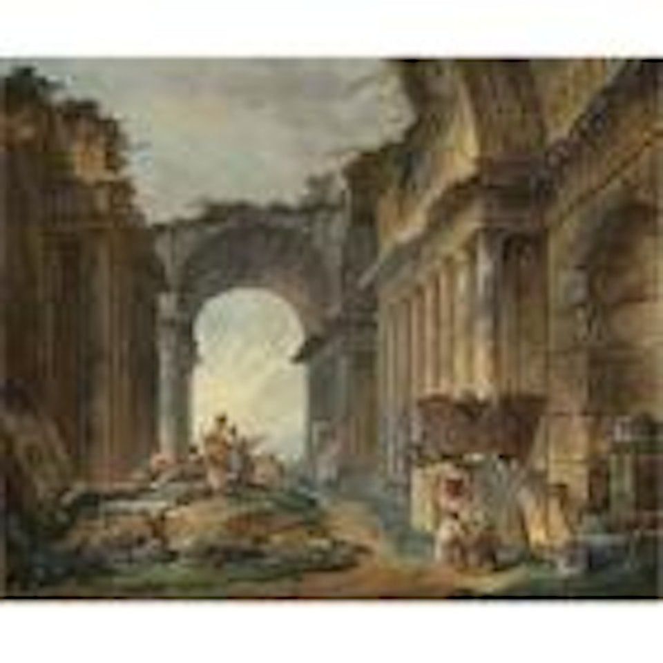 Washerwomen and peasants resting amongst ancient ruins by Hubert Robert