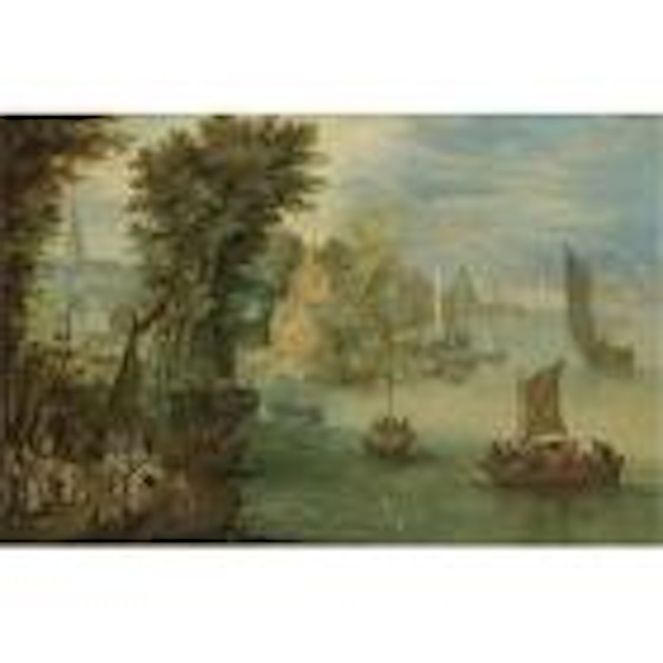 River landscape with figures on a quay before a town by Jan Brueghel the Younger