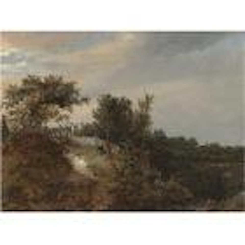 A landscape with two figures on a rise and a stream at right by Jacob Salomonsz. van Ruysdael