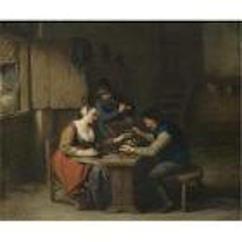 Tavern interior with two boors seated at a table drinking, a third standing behind smoking a pipe by Adriaen van Ostade