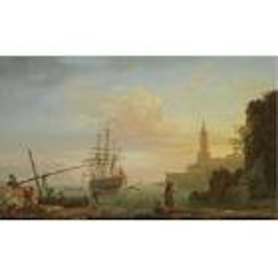 A Mediterranean port at sunrise with a lighthouse, fishermen and a British two-decker man-of-war at anchor by Claude Joseph Vernet