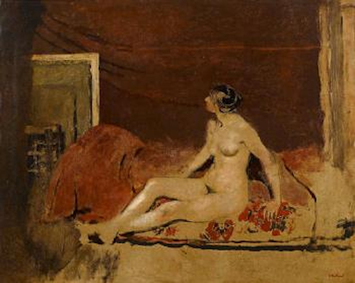 Nude on a Blanket with a Red Floral Pattern by Édouard Vuillard