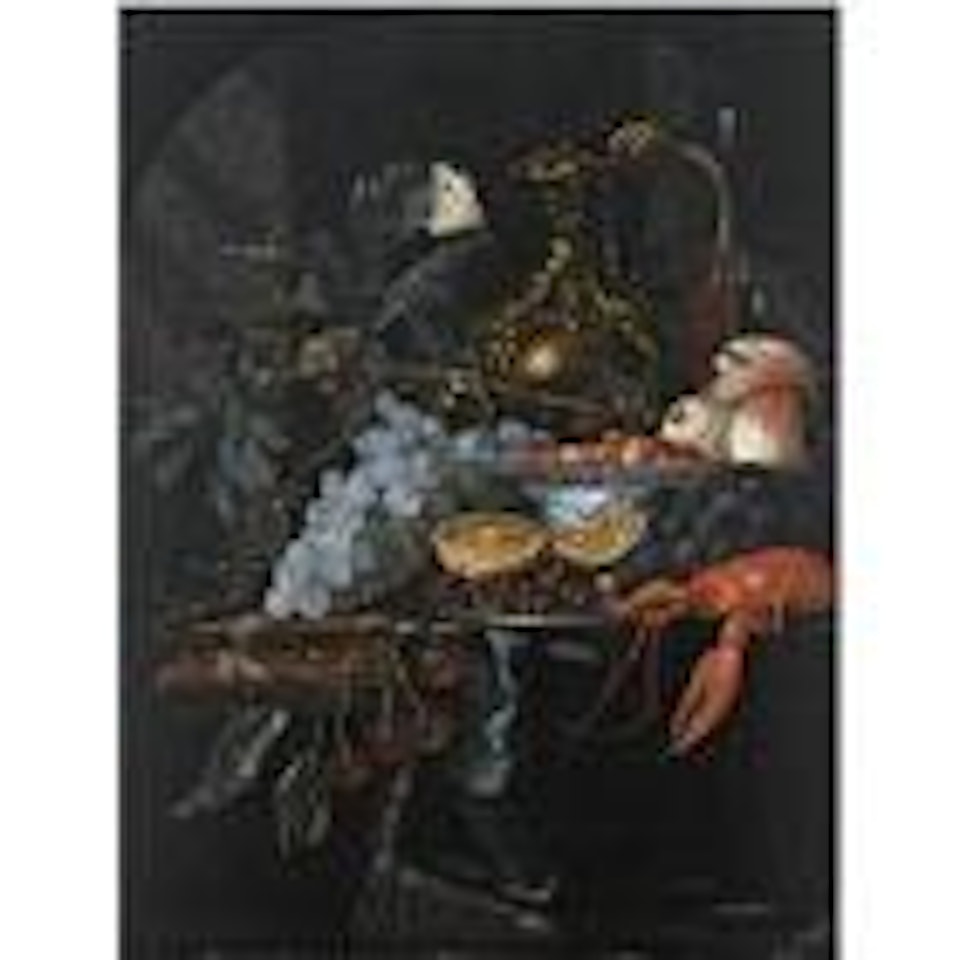 A Still Life with Grapes, Strawberries in a Porcelain Bowl, Peaches, a Silver-Gilt Jug, a Wine Glass, Oranges, Cherries and a Lobster, on a Silver Plate, All on a Marble Ledge Draped with Green Cloth by Willem van Aelst