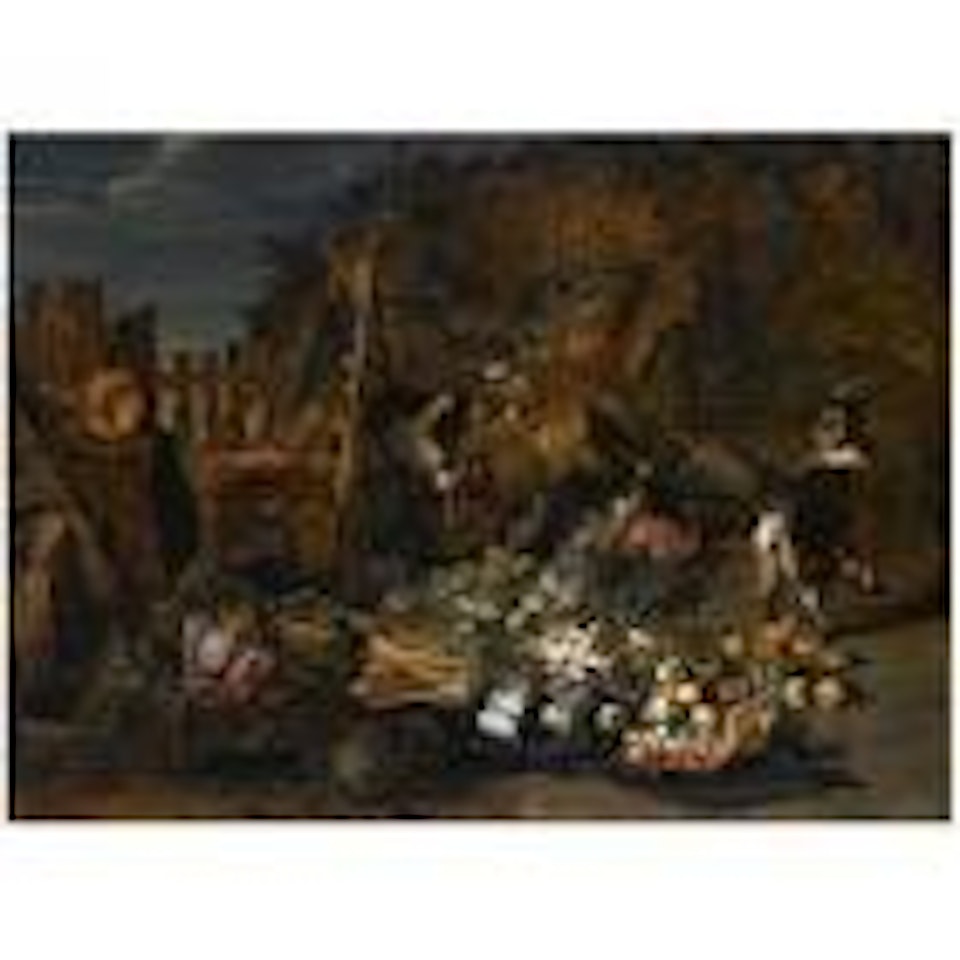 A Still Life of Cabbages, Carrots, Asparagus, Onions, Pears and Apples Outside a Ruined Barn, Together with Two Goats and Three Rabbits by Jan Van Kessel The Elder